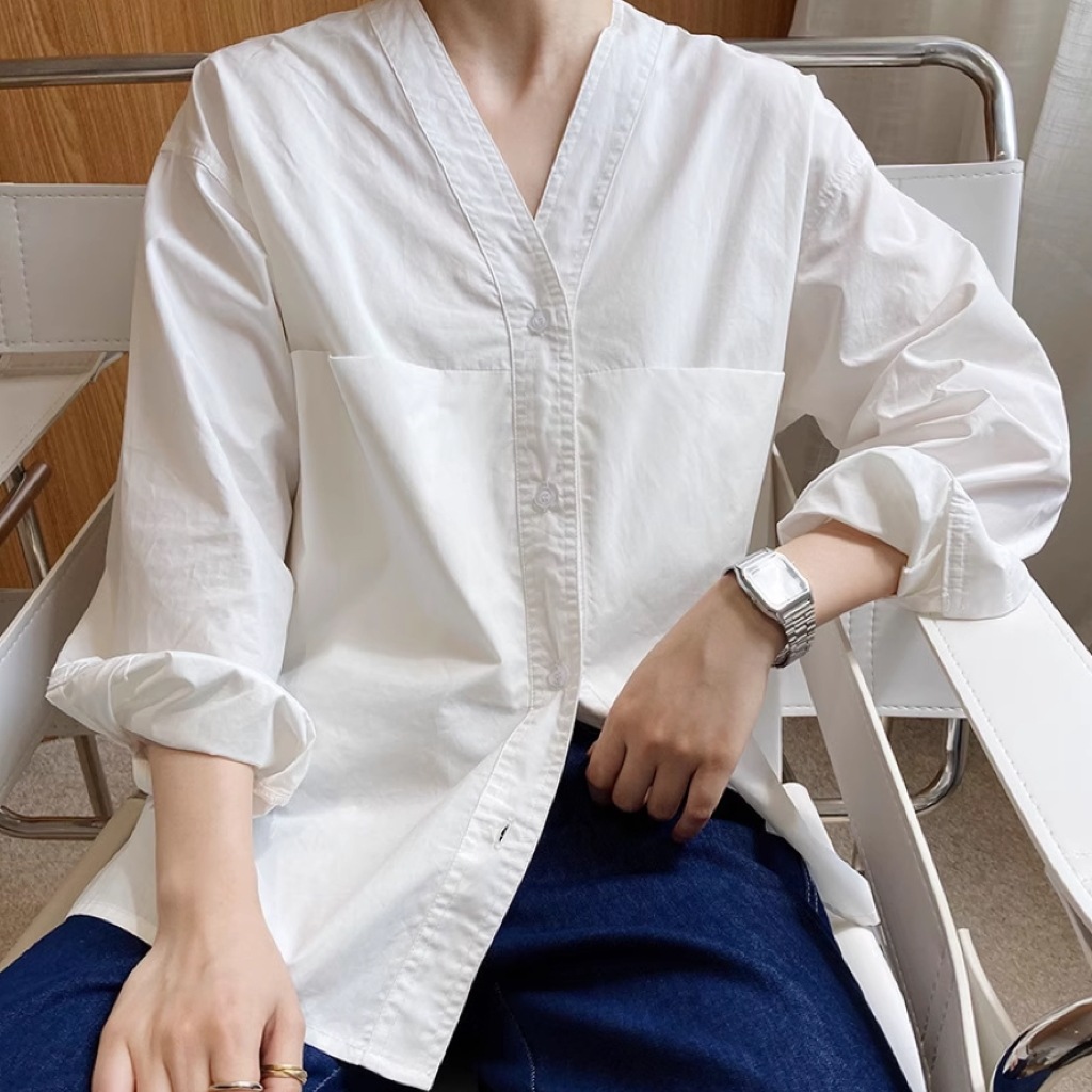 レディース トップス シャツ ブラウス ミディアム 長袖 ドロップショルダー Vネック オーバーサイズ ポケット ボタン 切り替えデザイン かわいい 大人可愛い シンプル カジュアル おしゃれ
