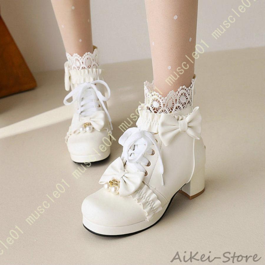 ショートブーツ ロリータシューズ レディース 可愛い ショートブーティー 太ヒール 歩きやすい 美脚 ヒールブーツ おしゃれ 大きいサイズ 小さいサイズ