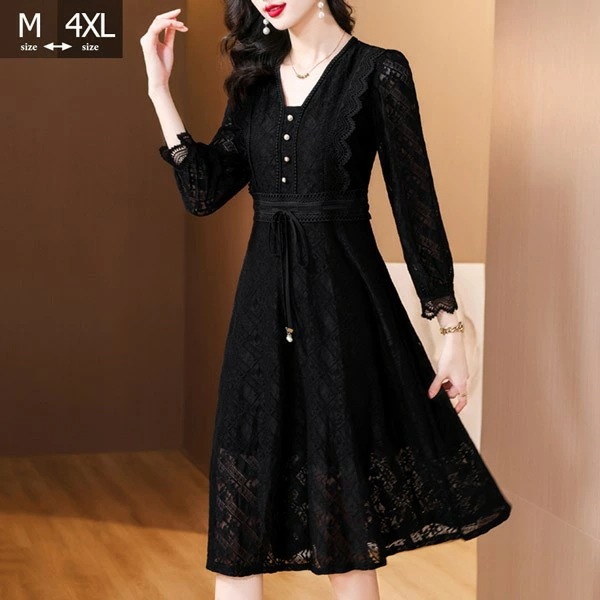 お買い得総レース ワンピース 長袖 ドレス パーティードレス ミモレ丈 フォーマル レディース 結婚式 同窓会 発表会 披露宴 入園式 二次会 入学式 お呼ばれ ブラック フレア ドレス ワンピース