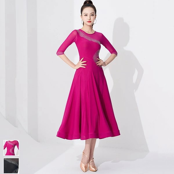 お手頃価格社交ダンス衣装 ワンピース 社交ダンス ワンピース 練習用 広がる裾 ワルツ専用ワンピース ステージ衣装 演奏会 発表会用 練習競技 ワルツダンス服 タンゴ 五分袖 as030s1s1c6