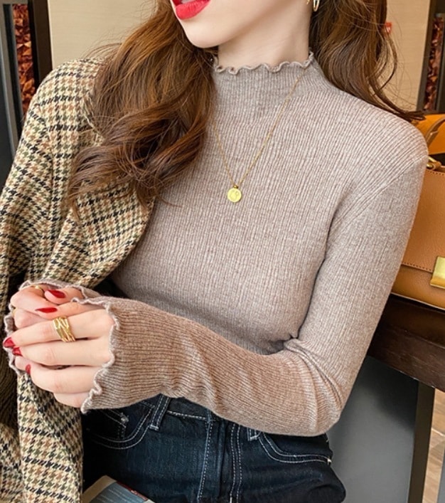 トップス デート モテアイテム ニットソー 長袖 ミドルネック フリル 可愛い きれいめ 上品 おしゃれ かっこいい 可愛い ラブリー キュート ガーリー クール モード系 セクシー