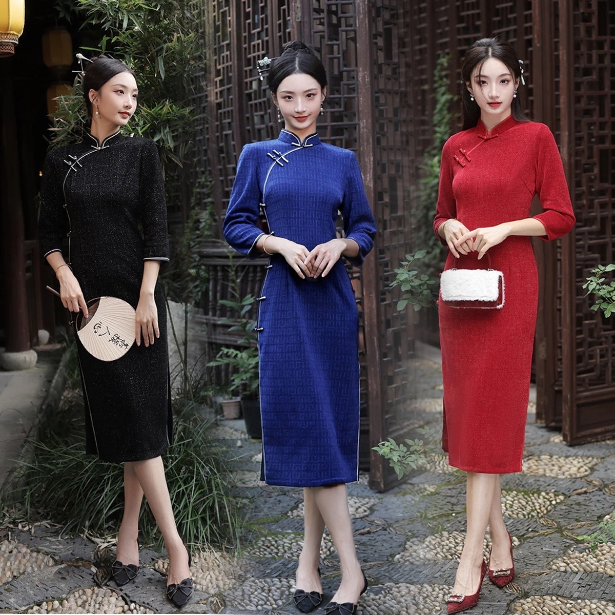 2024秋デイリーシェニールミッドレングス改良ミッドスリーブレトロチャイナドレス