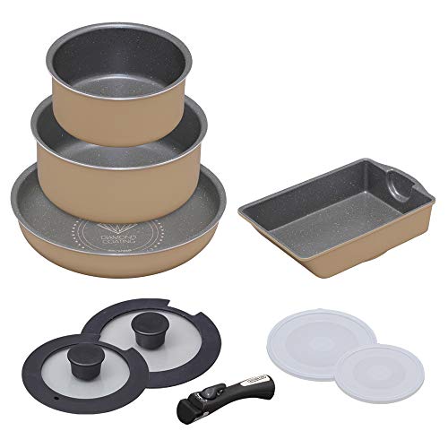 アイリスオーヤマ フライパン 鍋 9点 セット 26cm ガス火専用 ih 非対応 ふた ダイヤモンドコートパン ベージュ/マーブル 取っ手の取れる GSN-SE9