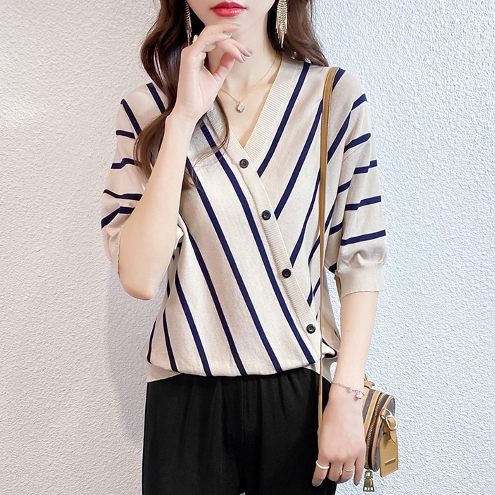 トップス ニットソー プルオーバー ミディアム丈 袖あり 5分袖 ドロップショルダー Vネック カシュクール 襟なし ワイド リブ 伸縮性 ニット 大人可愛い きれいめ シンプル カジュアル 大人