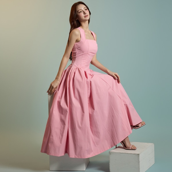 D9435 ギャザー シャーリング スリーブレス ロング ワンピース