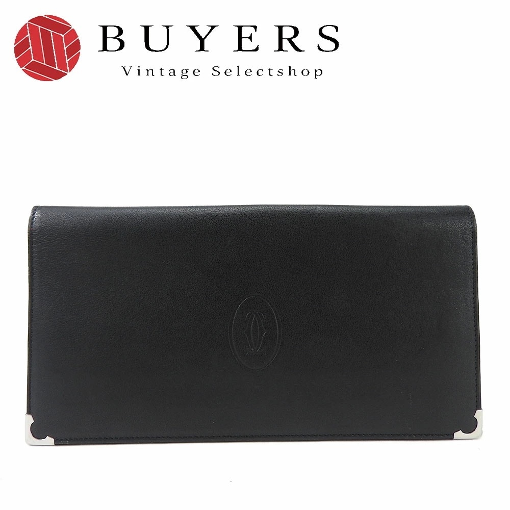 中古 カルティエ 二つ折り長財布 カボションライン レザー 革 ブラック 黒 シルバー金具 普段使い 小物 メンズ レディース 男性 女性 Cartier wallet leather black