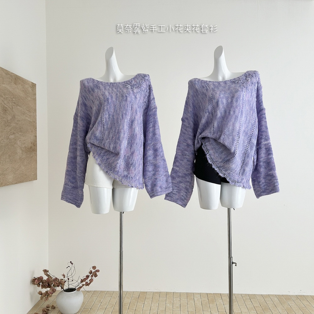 レディース 油画色彩莫奈霧パープル 手作り小花夹花羊毛套衫2026女式ニット 2026新作