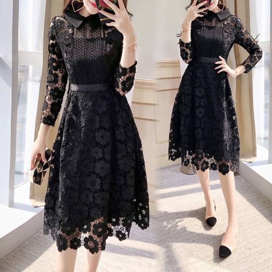 パーテイードレス ドレスワンピース きれいめワンピース ワンピース レーシー ブラックドレス 七分袖 ワミモレ丈 セミフレア 花 10代 20代 30代 春 大きいサイズ 新作 7,614円