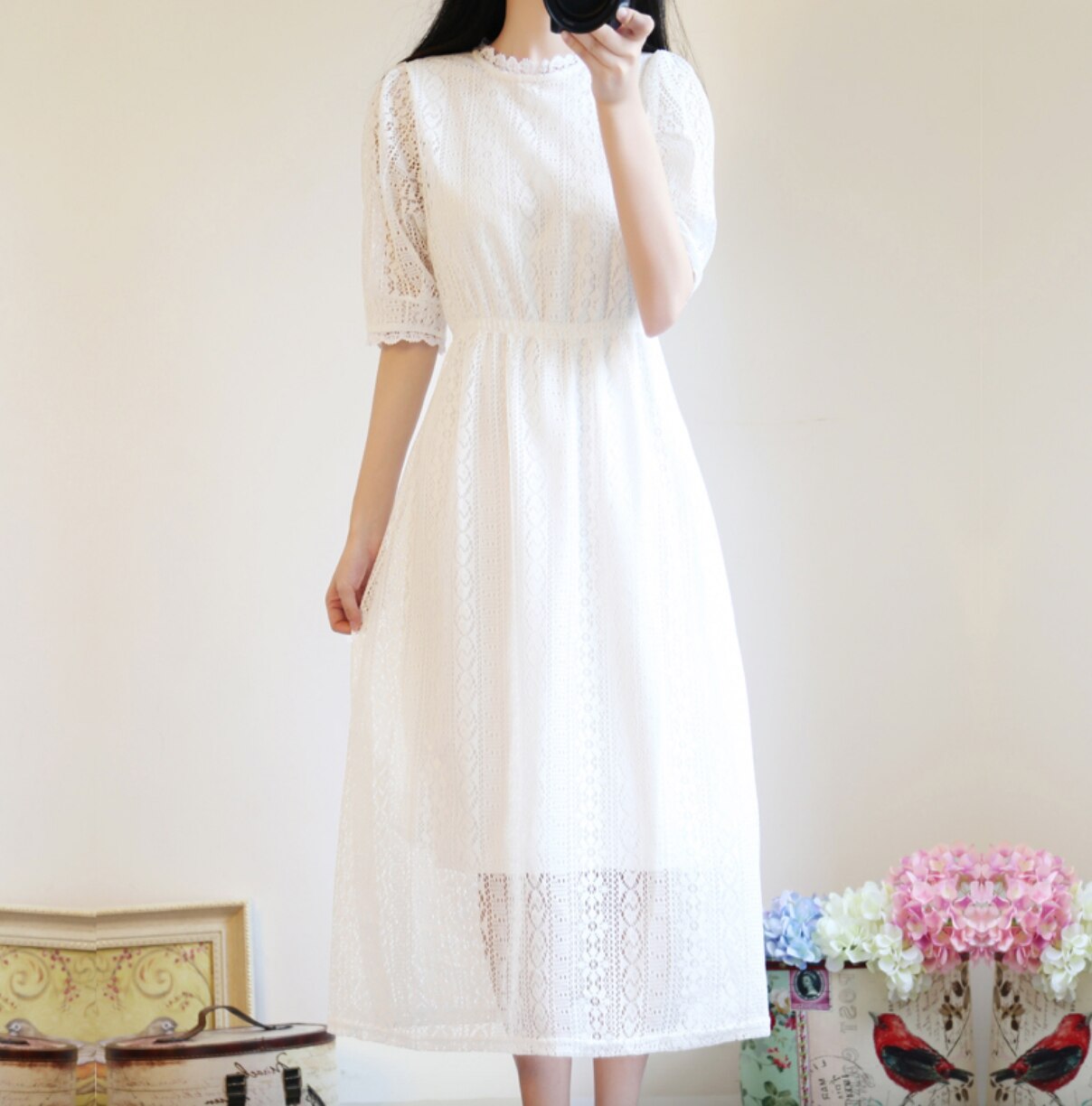 ワンピース 袖あり かわいい 大人可愛い きれいめ シンプル カジュアル 大人 上品 おしゃれ レース ラウンドネック 刺繡 ホワイト ５分袖 ロング丈 フレア ガーリー ホワイト XL 休日 旅行
