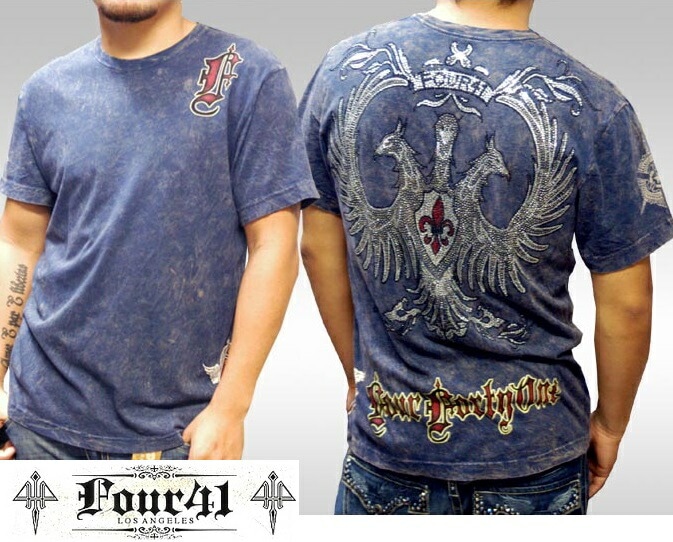 Four41 Los Angeles フォーフォーティーワン メンズ ラインストーン Tシャツ トライウィング ネイビー k-67 スワロフスキー インポート セレブ ブランド ストリート LAセレブ