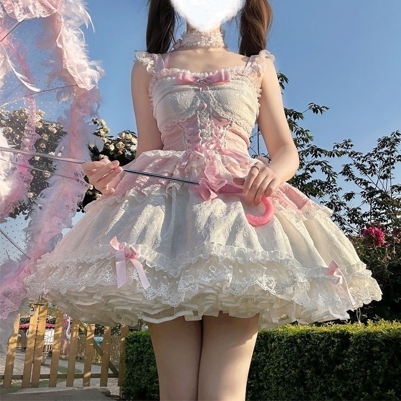 Lolita夏季JSK小礼服洛丽塔可爱蕾丝短款连衣裙大童可爱公主裙