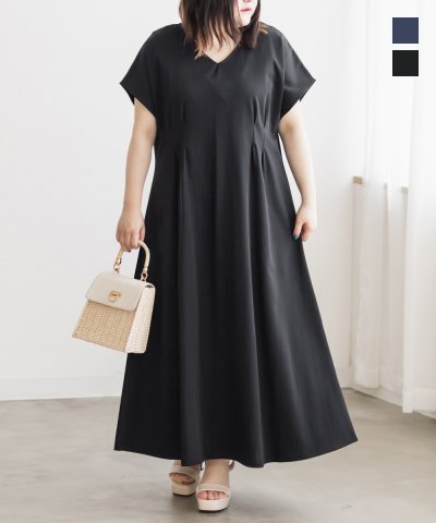 大きいサイズ レディース LL 3L 4L XL XXL XXXL ウエストタックポンチフレアワンピース