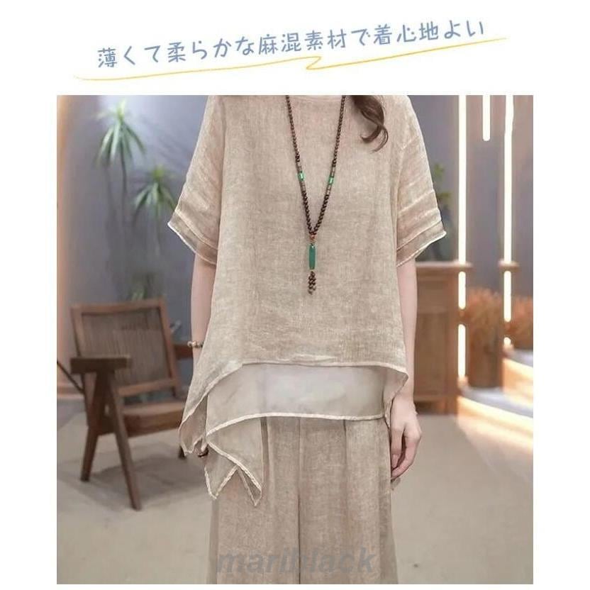 セットアップ レディース ブラウス シャツ ワイドパンツ 春 夏 秋 トップス パンツ カジュアル 定番 上下セット きれいめ