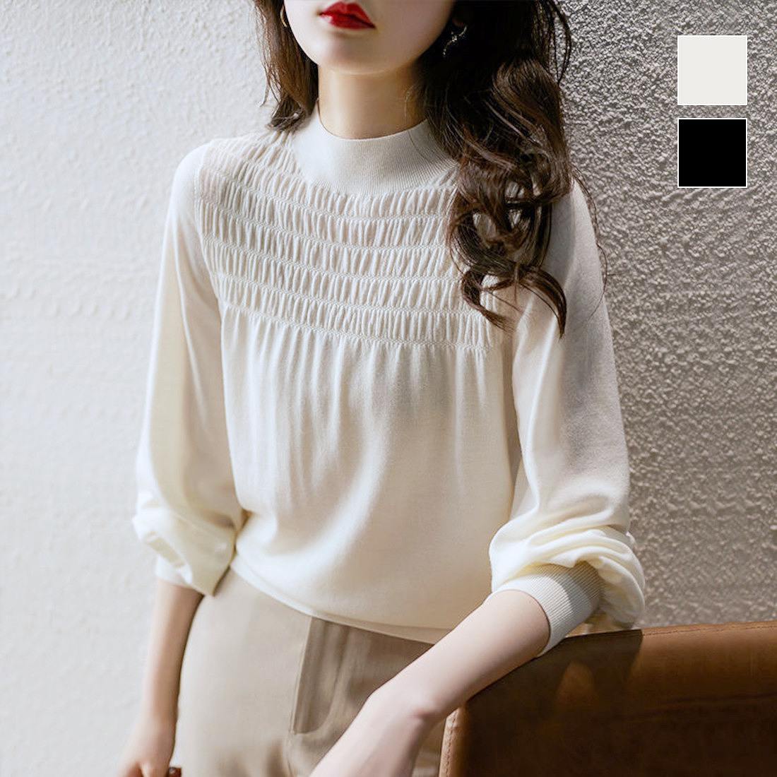 胸元のくしゅくしゅが大人可愛いハイネックニット ハイネック 冬ニット シンプル 胸元デザイン シャー