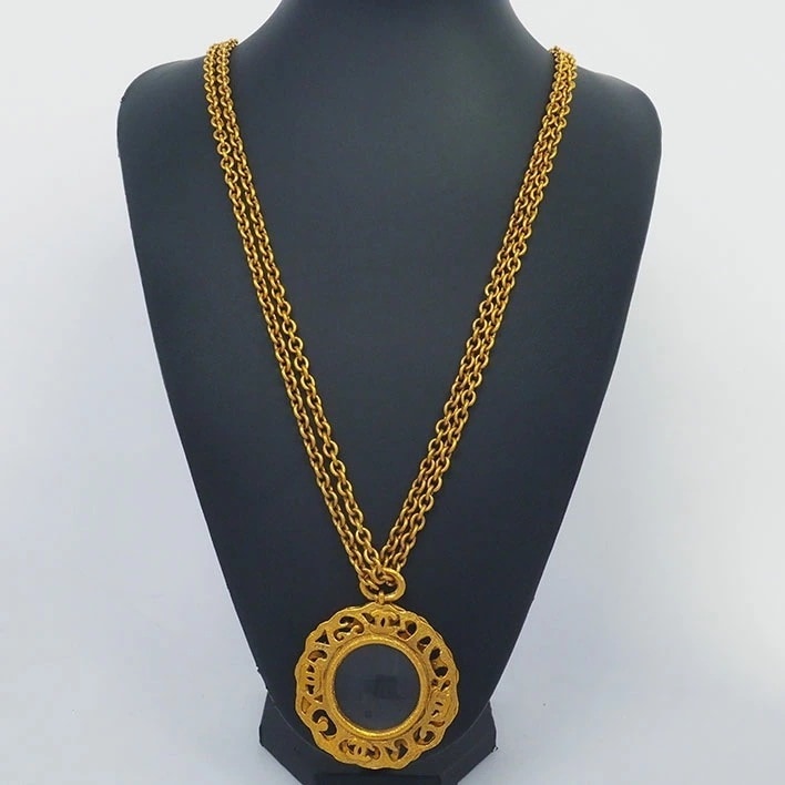 【美品】シャネル ココマーク 透かし ラウンド ダブルチェーン ロングネックレス 【ペンダント】
