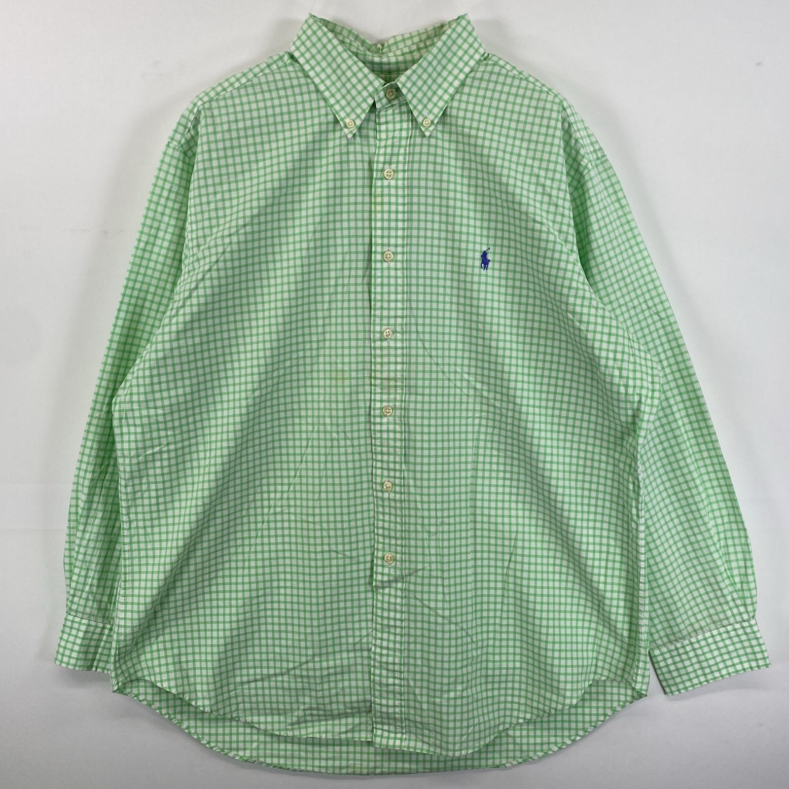 古着 90s/90年代 長袖シャツ ボタンダウン ロゴ刺繍 ワンポイント XL グリーン系 チェック メンズ
