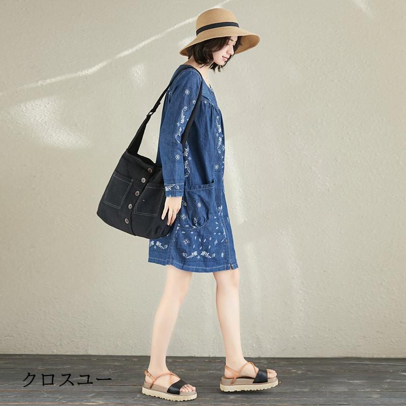 ワンピース デニム レディース チュニック 大人カジュアル 上品 大きいサイズ 花柄 長袖 綿