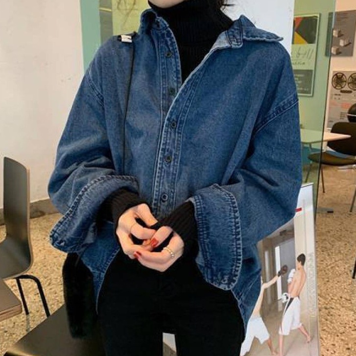 【品質いいな新品】 「デニム」シングルブレスト 折り襟 無地 伸縮性あり オーバーサイズ感 着痩せ効果 長袖 カジュアル 切り替え 春秋 シャツ