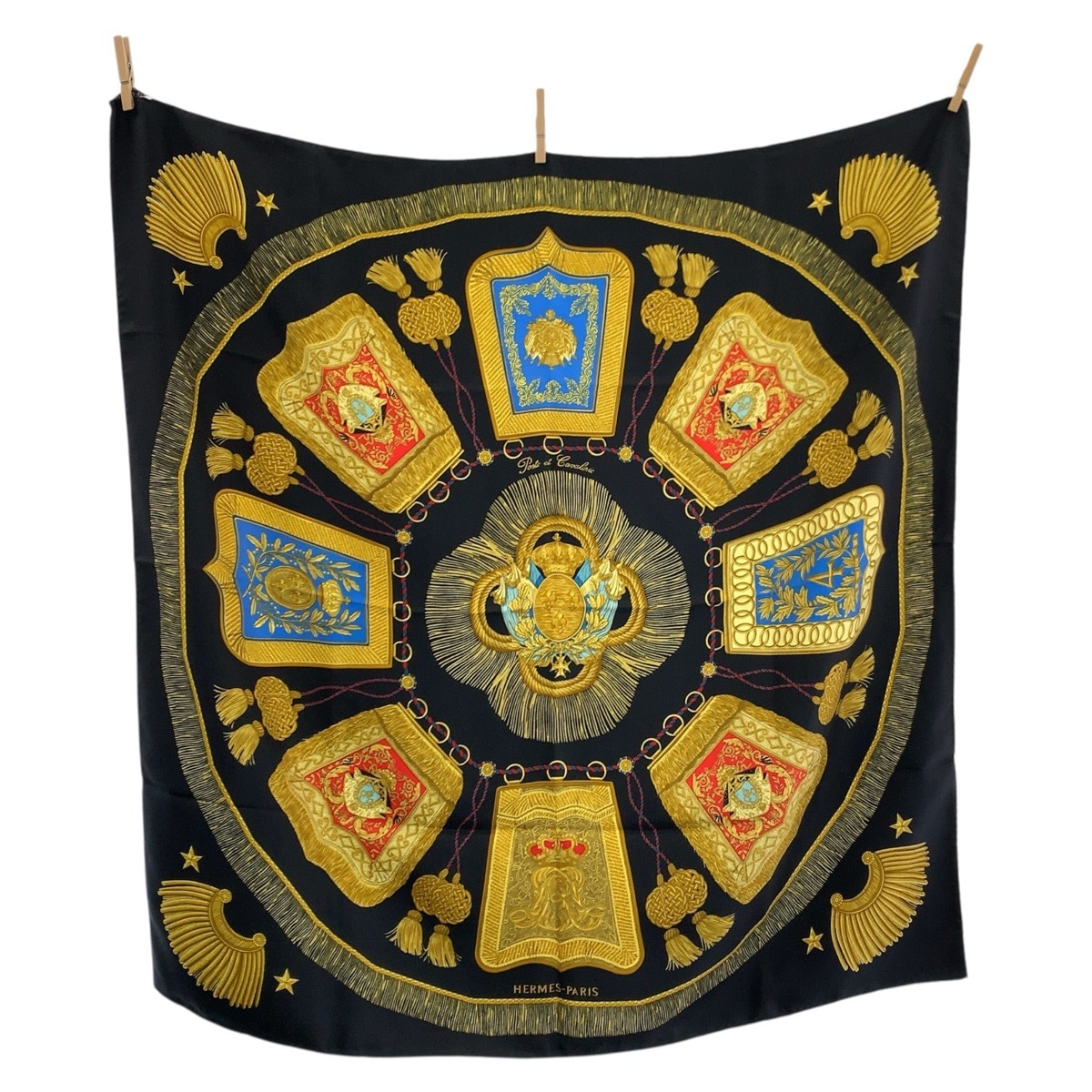 美品 Poste et Cavalerie カレ90 ブラック マルチカラー シルク スカーフ レディース 602383