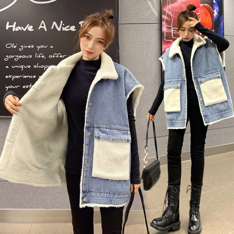 レディース レトロ ルーズ 裏起毛 厚手 デニム ベスト ノースリーブ 裏ボア もこもこ ふわふわ ポケット 大人可愛い ママコーデ ママファッション 韓国系 オルチャン 人気 トレンド 新作 20代