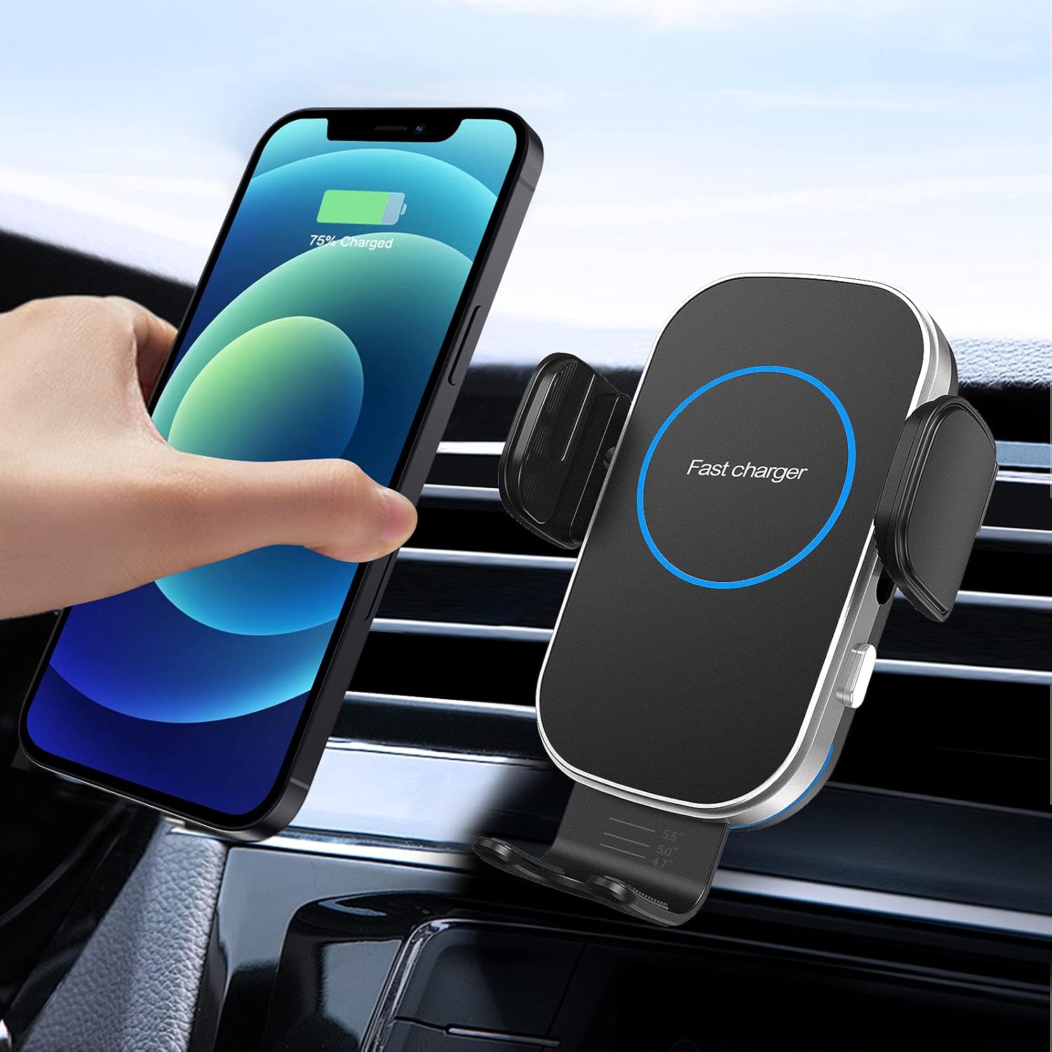 車載用ワイヤレス充電ホルダー 15W急速充電 自動開閉 360度回転 片手操作 エアコン吹き出し口取付 4.0-7.0インチスマートフォン対応 日本語説明書付き ブラック