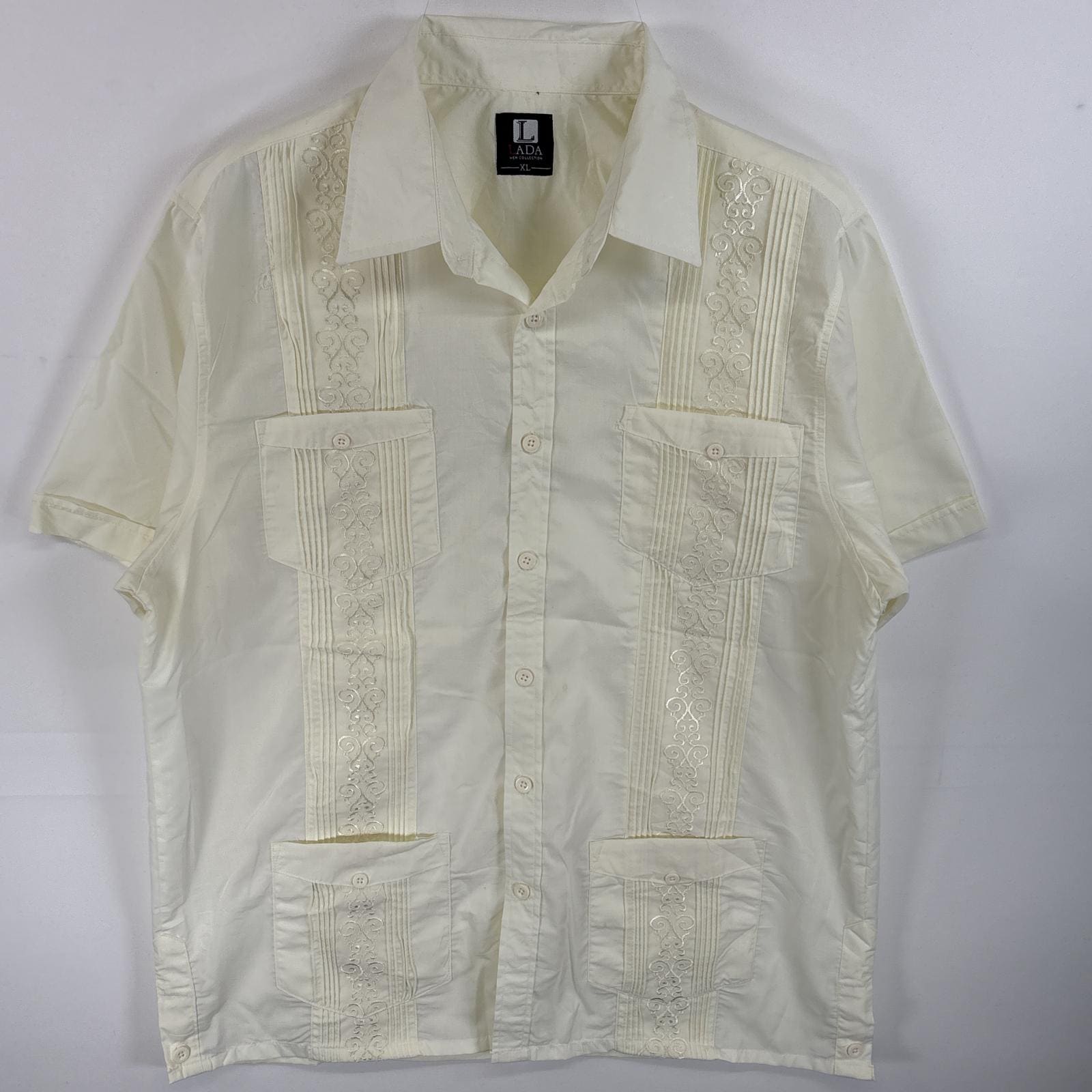 古着 LADA 半袖シャツ キューバシャツ 4つポケ 刺繍 XL イエロー 無地 メンズ
