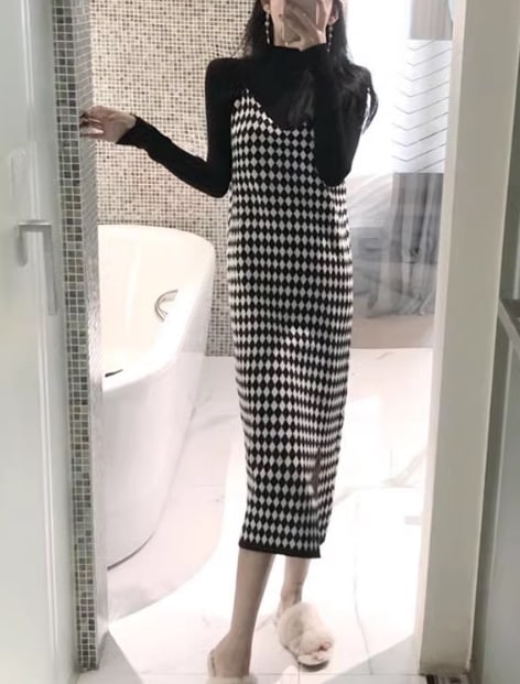 二点セット レディース スカート トップス ニット オールインワン ロング 袖なし タイト スリム ストレート ニット リブニット かわいい 大人可愛い カジュアル おしゃれ かっこいい レトロ