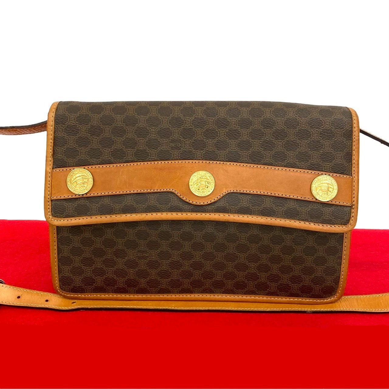 ヴィンテージ マカダム ブラゾン 柄 メダルモチーフ 金具ショルダーバッグ レザー PVC ブラウン 84269