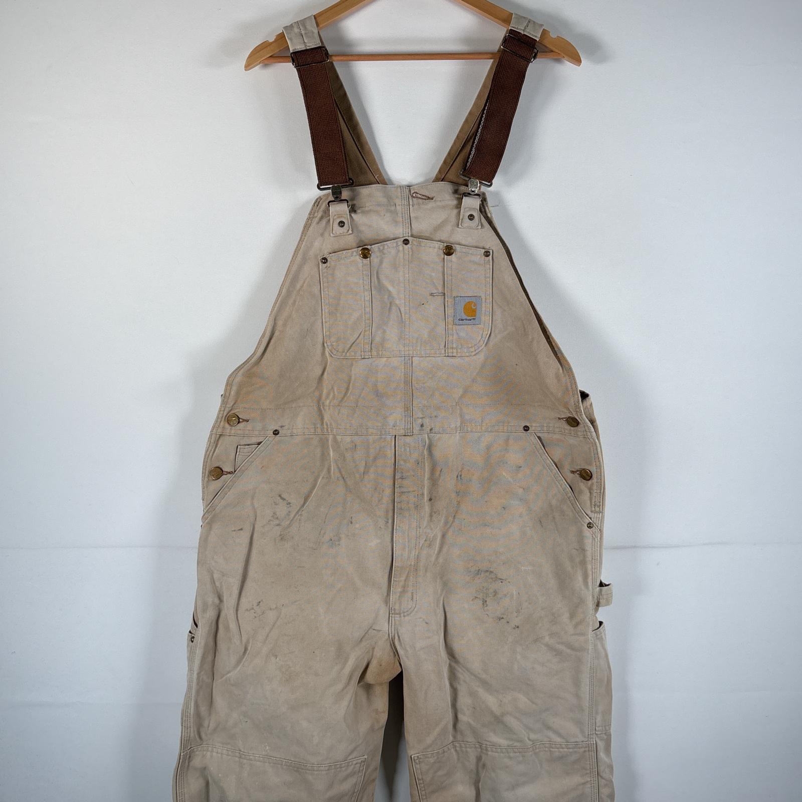 古着 オーバーオール ダック ワーク ワンポイントロゴ サイドポケット ダブルニー 大きいサイズ w44 L32 ベージュ系 メンズ