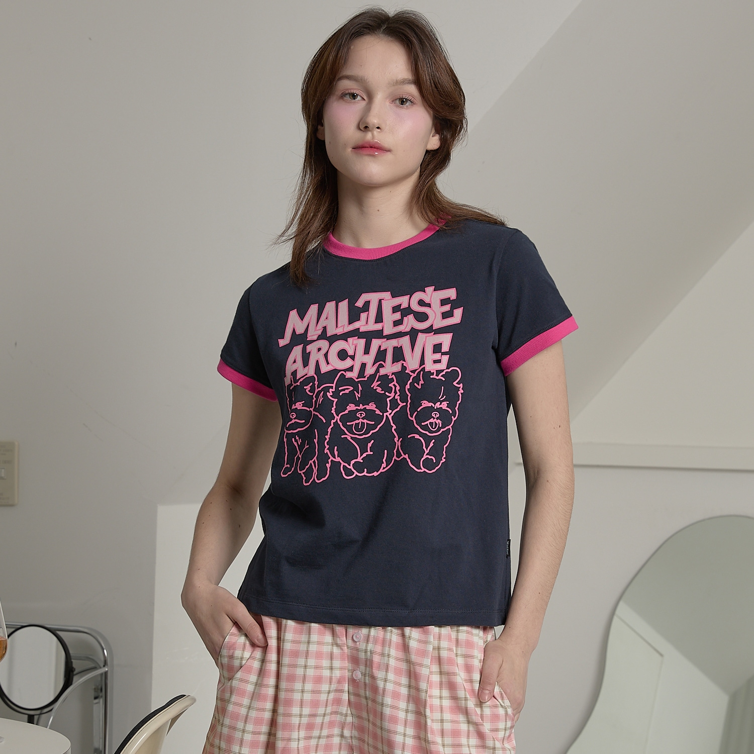 Maltese archive line graphic ringer half sleeve T-shirt NAVY