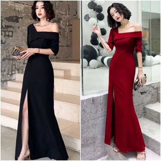 【取寄：納期2週間】結婚式ドレス ワンピースドレス 大きいサイズ XL 半袖 ロングドレス エレガント オフショルダー ワンショルダー Aラインスカート お呼ばれ パーティードレス 無地