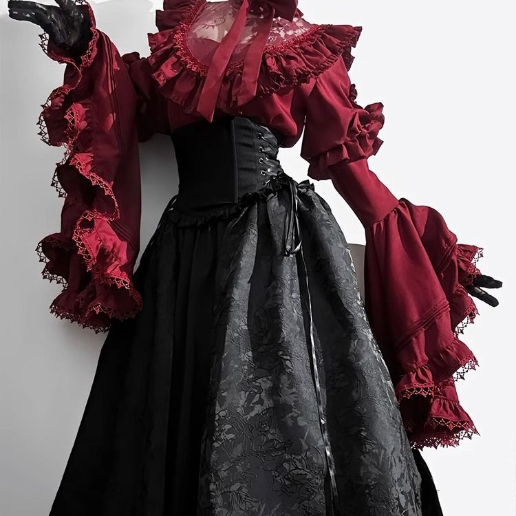 【3日出荷】ハロウィンコスチューム 黒赤ゴシック風 ロリータ ハーフスカート ロングスカート シャツ ツーピース 新作ロリータ アイドル衣装 ロリータ