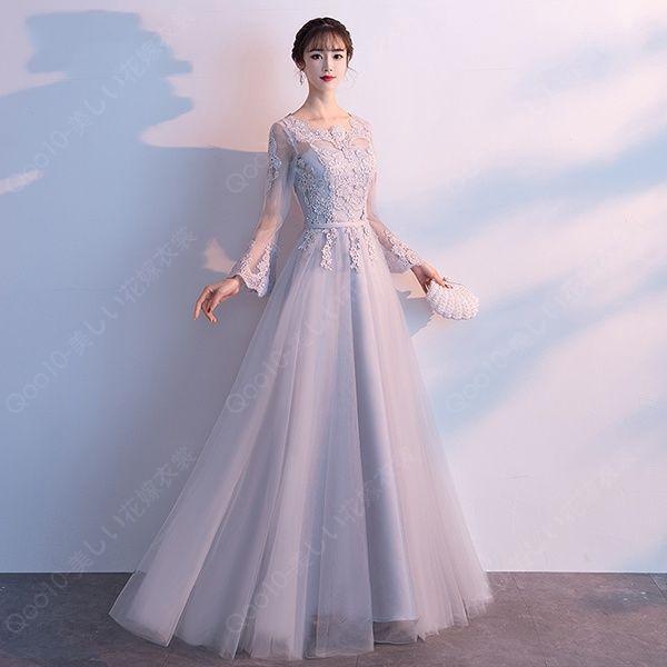 袖付き ロングドレス ロングドレス 演奏会 他と被らない グレー 演奏会用ドレス 袖あり 大きいサイズ 上品 ロングドレス ロングドレス 結婚式用ドレス フォーマ-56