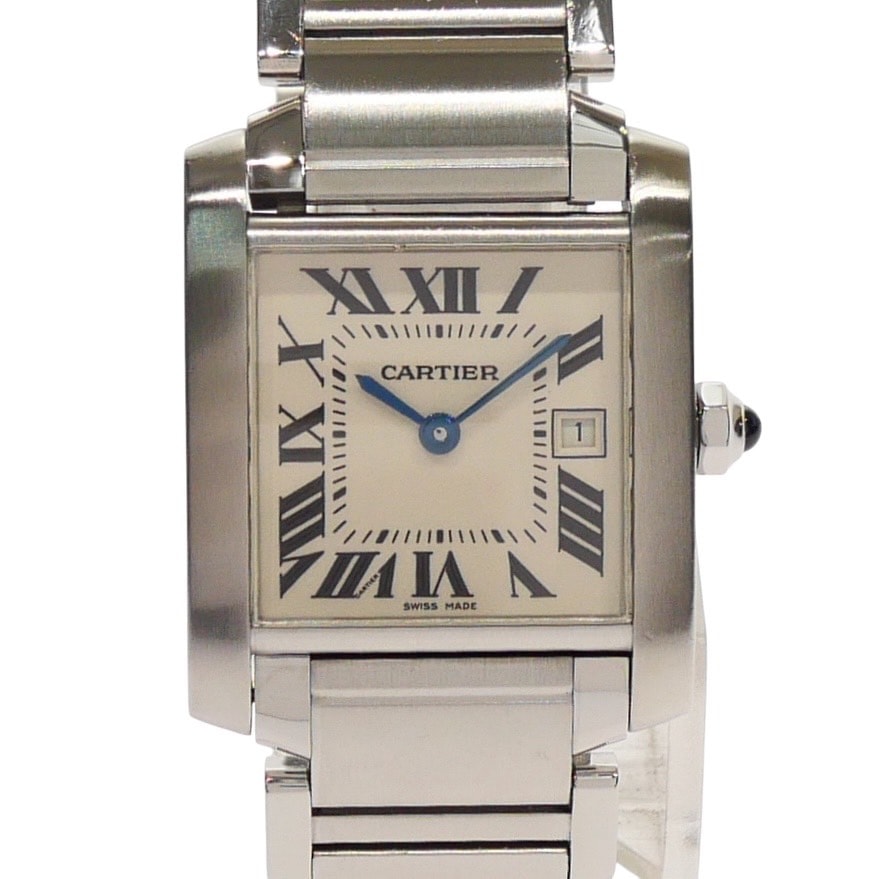 【極美品】タンクフランセーズMM 2465 ステンレススチール SS クォーツ アイボリー文字盤 デイト スクエア レディース 腕時計