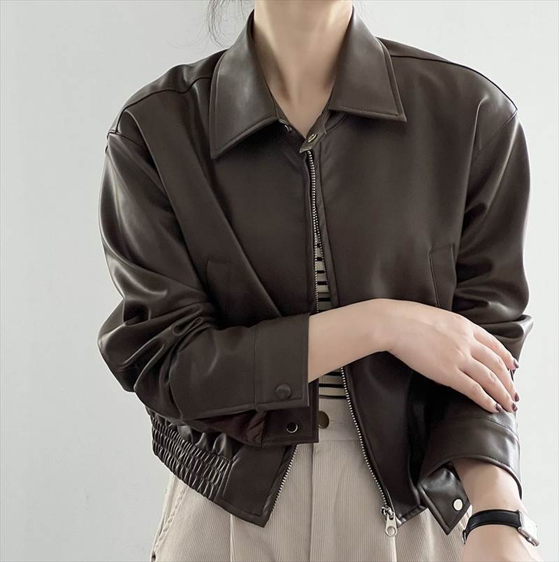 アウター レディース フェイクレザージャケット ブルゾン ジャンパー 革ジャン ライダーズジャケット PU 襟付き ジップアップ ポケット 長袖 大人可愛い きれいめ カジュアル シンプル 大人 上品