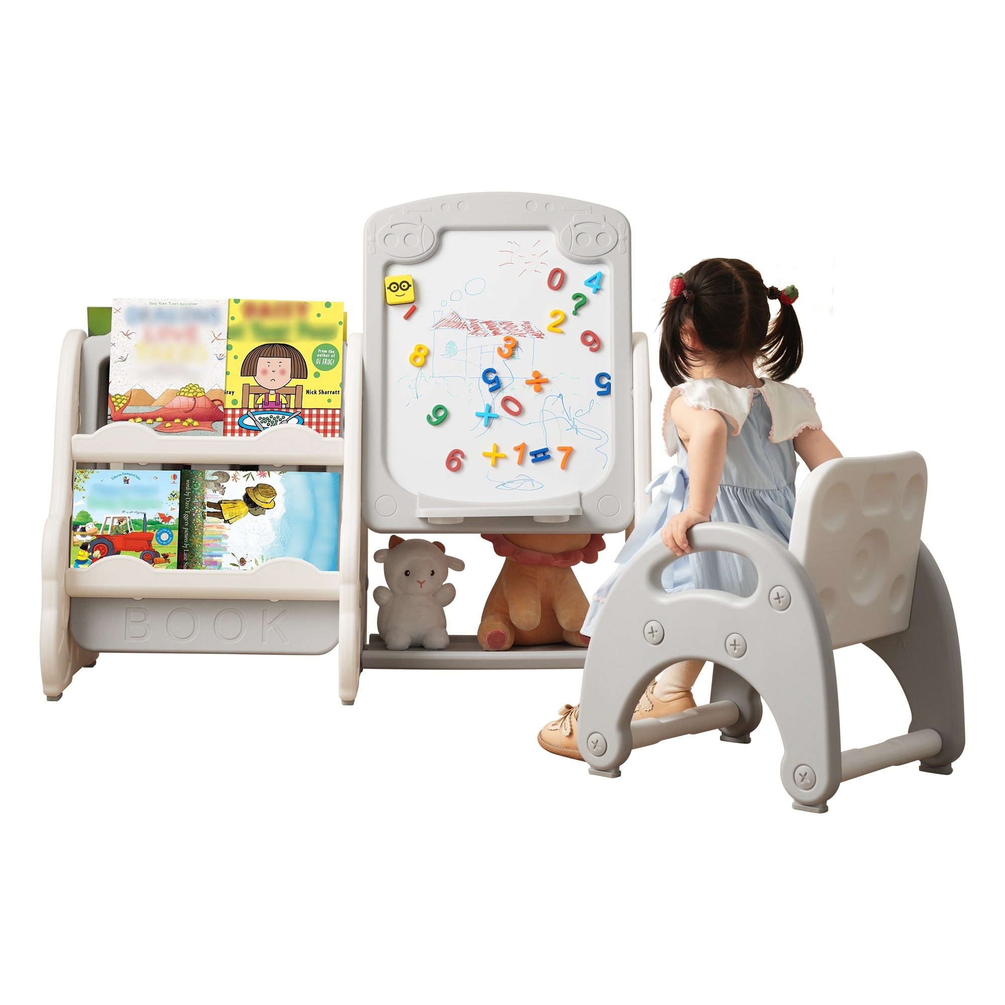 1784絵本棚セット 椅子付き ホワイトボード付き 多機能テーブル＆チェア 絵本棚 知育デスク 収納付き 学習 おもちゃ収納 ラック 絵本棚 本棚 子供用シェルフ 収納棚 おもちゃ 収納 おもちゃ箱