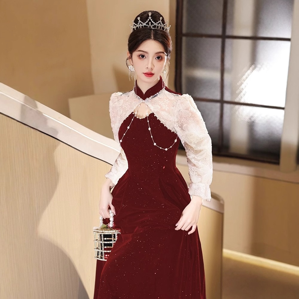 新中式 お色直し 2026 新婦 結婚 高級感 婚約 披露宴 ドレス レディース レッド 結婚式 秋 春