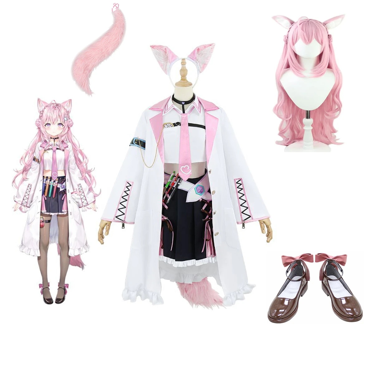 大人気コスプレ衣装 バーチャルYouTuber ホロライブ Vチューバー 博衣こより はくいこより 6期生 衣装 尻尾 耳飾り ウィッグ 靴 追加可 ピンク コスチューム コスプレ 衣装