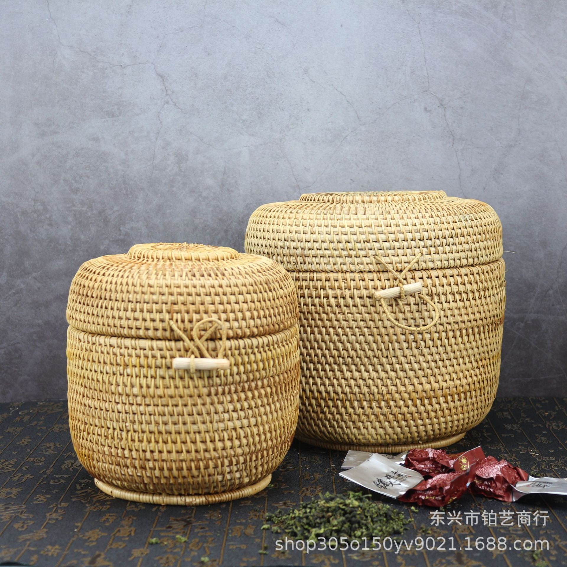ベトナム藤編み収納ボックス 茶缶 プーアル茶保存桶 純手工芸藤製品