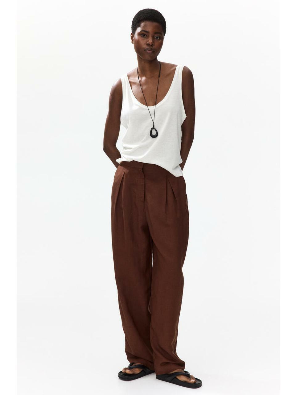H&M リネンブレンドバレルパンツブラウン 1338363003