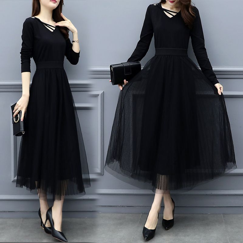 2025春秋vネックブラックドレススリムフィットメッシュスプライシングロングスカートフェイクツーピースボトムaラインスカート