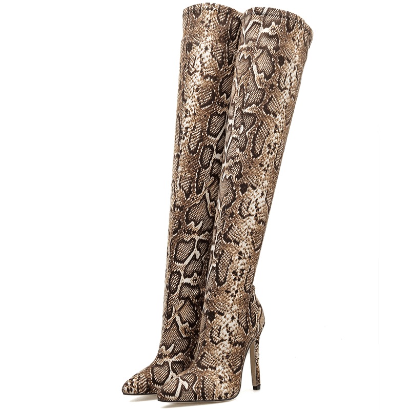 ニーハイブーツ女尖頭蛇紋のハイヒールブーツ