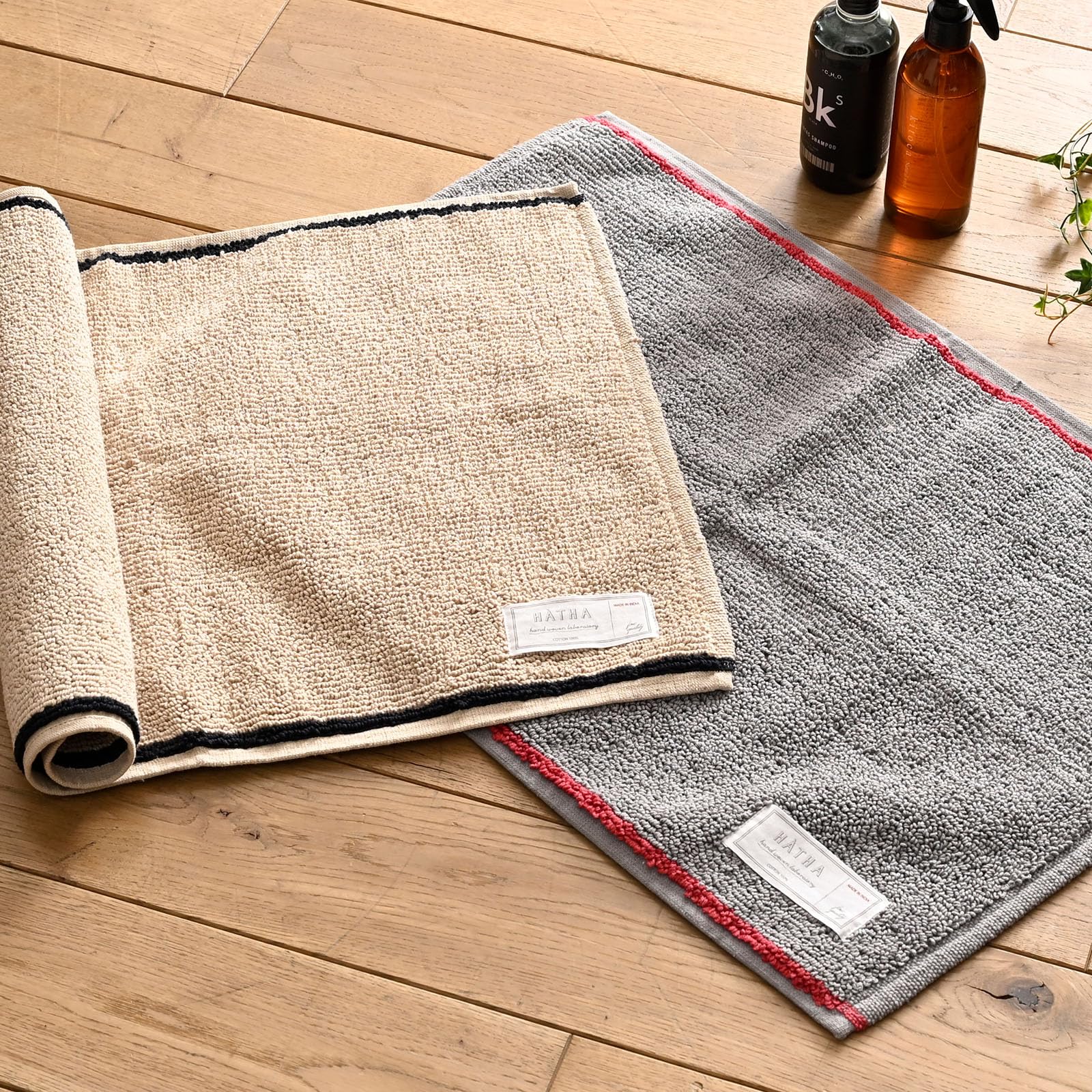 [レップ] バスマット タオル地 セット 厚手 2枚組 洗える 40×60cm インドの熟練職人による手織り 丈夫 綿100% (HATHA ミルト/ベージュ・グレー) 足拭きマット 519554-S