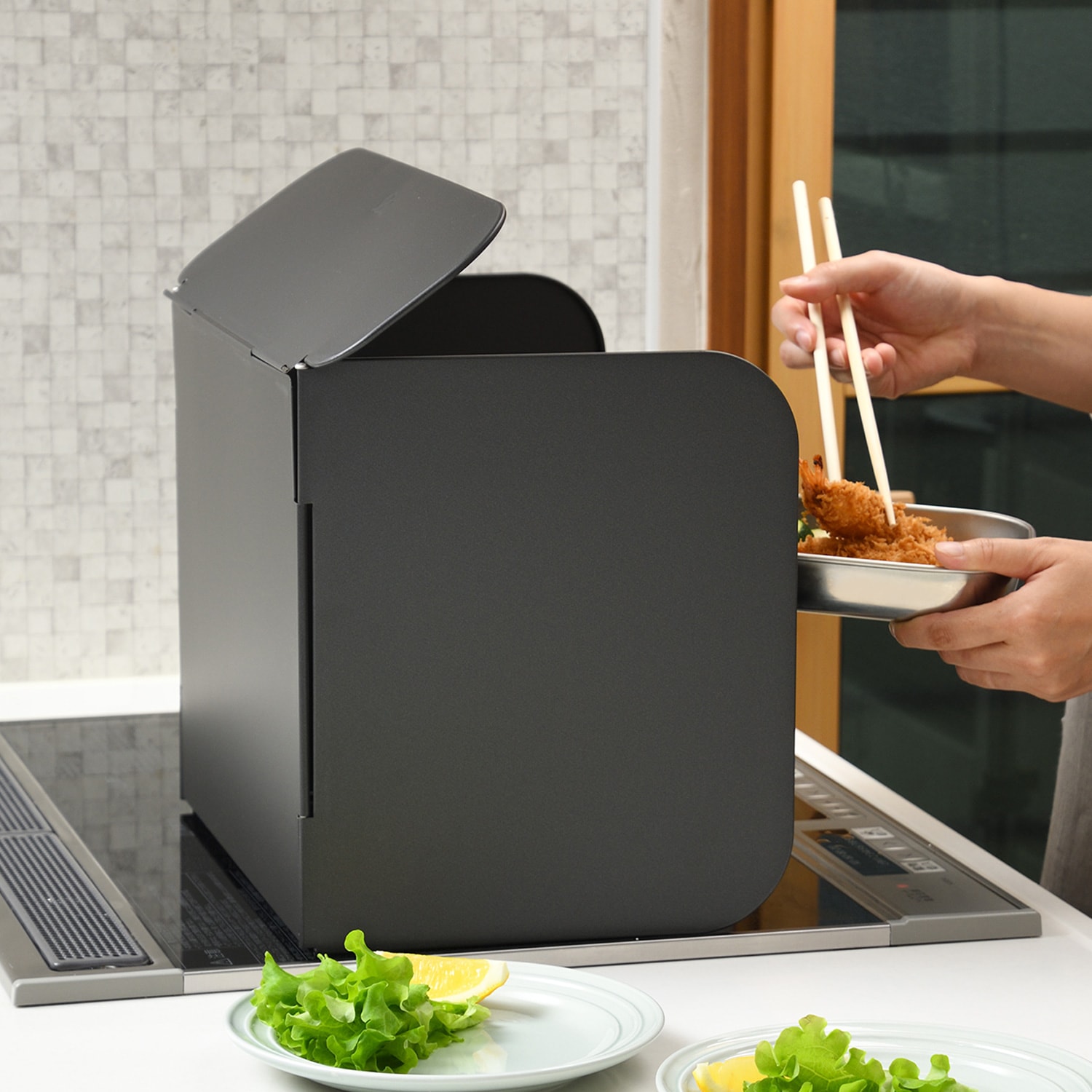 レンジガード 4面 日本製 コンパクト 折りたたみ ガスコンロ ガラス IH ステンレス ブラック LES3229