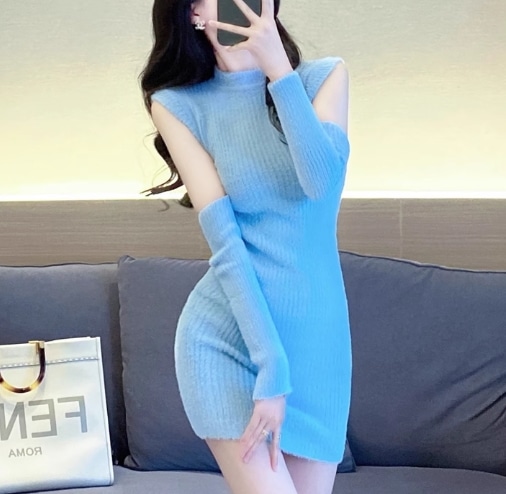 ワンピース 個性的 モテアイテム ニット ミニ丈 ノースリーブ 萌袖 アームカバー付 ハイネック スリム タイト 細身 リブ かわいい 大人可愛い きれいめ シンプル 大人 上品 おしゃれ お洒落