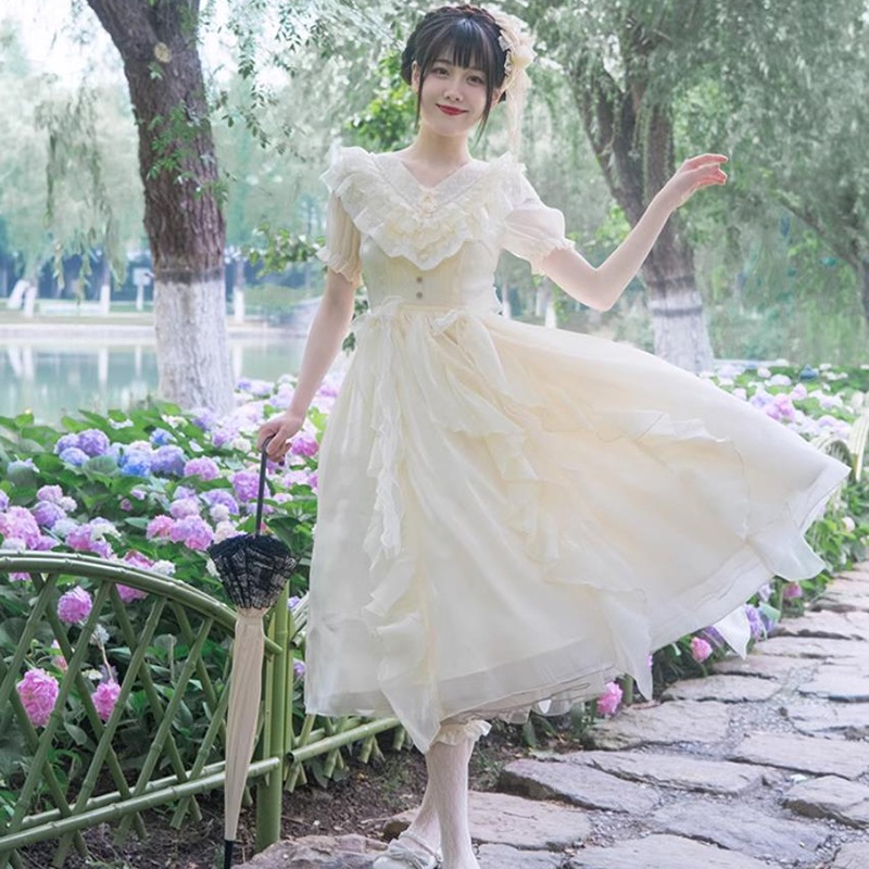 ロリータ ワンピース 半袖 vネックワンピース ロング フリル 夏 スウィート cla ロリータドレス コスプレ コンカフェ コスチューム 舞台 ロマンティック 甘め