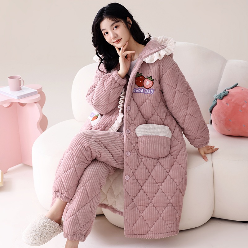 三層綿入り寝衣さん秋冬コーラルフランネル厚手フード付きパジャマホームウェアセット