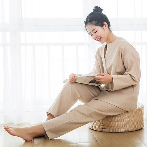 ルームウェア パジャマ 上下セット 寝巻き ナイトウェア 入院 長袖 スキッパー 前開き ウエストゴム ダブルガーゼ 無地 シンプル カジュアル 上品 ラフ ゆったり ナチュラル ベーシック