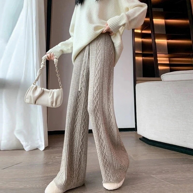 ニット ツイスト ワイドパンツ ニューデザイン ハイウェスト ドローストリング 着痩せ デザイン感 カジュアルパンツ ジョガーパンツ