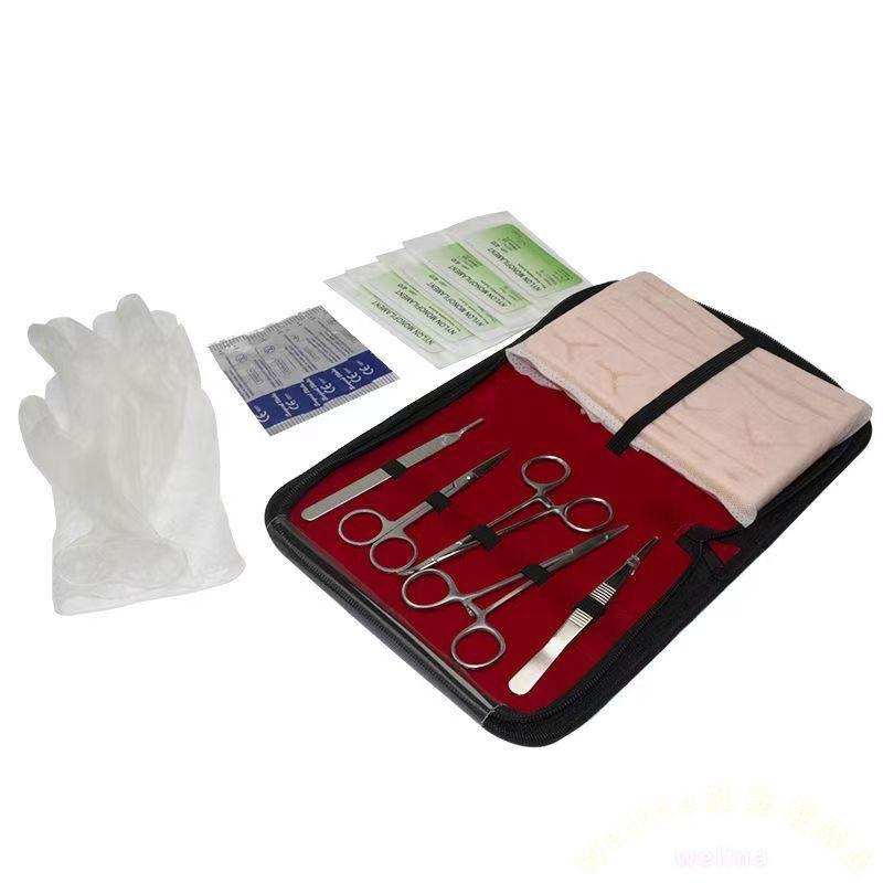 縫合練習キット 医療/獣医学生向け スキン模型 再利用 ステンレス器具フルセット プレカット創傷 練習用KIT